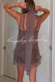Playful Charm Sheer Chiffon Embellished Feather Back Bow H-line Mini Dress