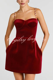 Harley Luxurious Velvet Fabric Jewel-embellished Shoulder Straps Pocket Tulip Mini Dress