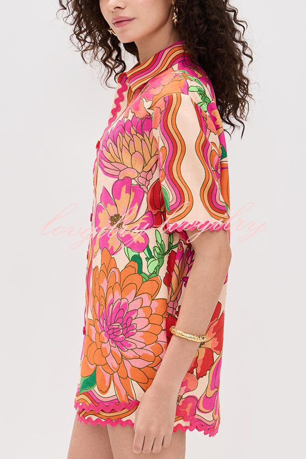 Neima Unique Print Wave Trim Button Up Short Sleeve Shirt and Elastic Waist Pocket Loose Shorts Set