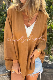 Solid Color V-neck Loose Long-sleeved Button Top