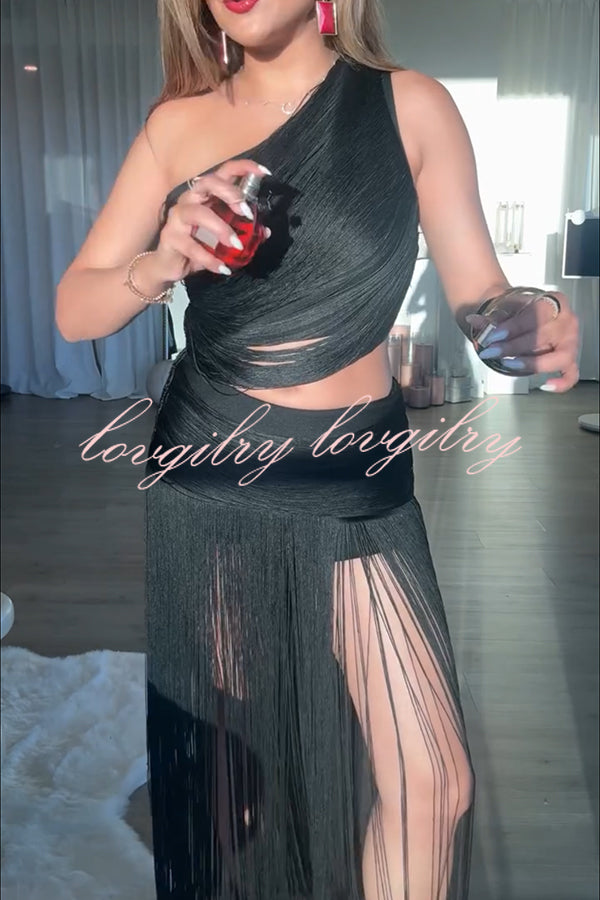 Dancing Miracle One Shoulder High Waist Hollow Design Tassel Hem Drape Mini Dress