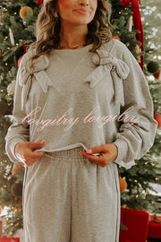Dear Daydream Loose Bow Tie Long-Sleeved Sweatshirt and Elastic Waist Pocket Pants Set