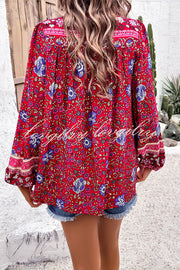 Intricate Floral Print V Neck Lace Up Paneled Long Sleeve Shirt