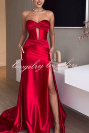 Emiliana Satin Twist Bust Cutout Corset Slit Prom Maxi Dress