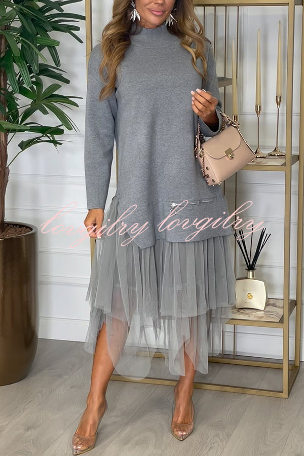 Taylor Knit High Neck Zip Top Patchwork Layered Tulle Loose Midi Dress