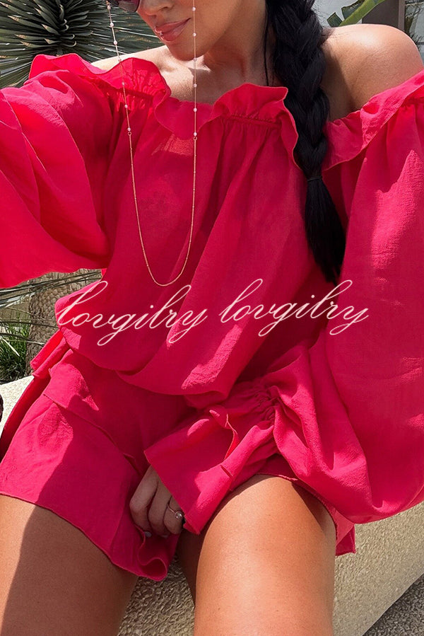 Arnell Linen Blend Off Shoulder Balloon Sleeve Shirt and Elastic Waist Layered Shorts Set