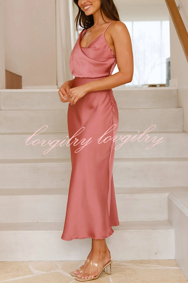 Satin Solid Color Elegant Sling Waist Open Back Maxi Dress