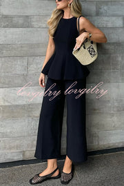Solid Color Round Neck Sleeveless Casual Top and Loose Straight Pants Set