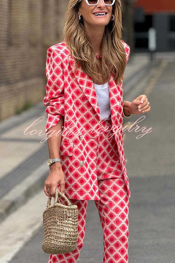 Chic Lady Unique Print Metal Button Pocketed Lapel Blazer and Elastic Waist Flare Pants Set