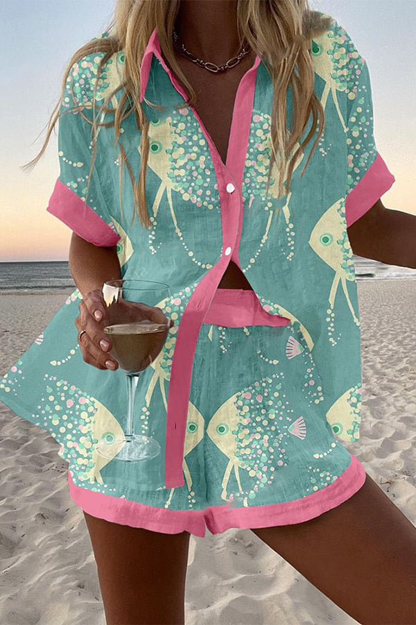 Ocean Spotted Fish Print Loose Button Elastic Waist Shorts Set