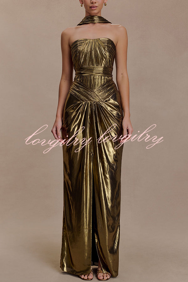 Clemence Plisse Metallic Fabric Reverse Halter Beck Strap Drape Slit Maxi Dress