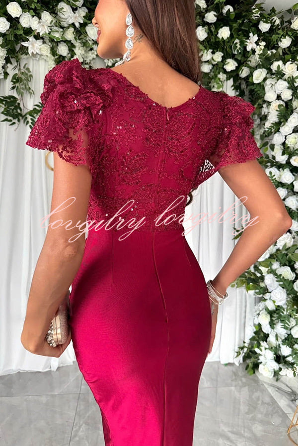 Dreamy Luxury Lace and Satin Patchwork Ruffle Sleeve Ruched Midi Dress