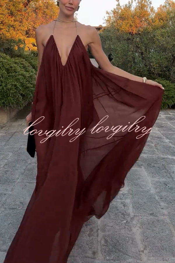 Flowing Lightweight Chiffon Chain Halter Neck Detail Backless A-line Maxi Dress