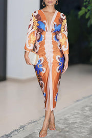 Bahamas Unique Print Dolman Long Sleeve Ruched Slit Midi Dress