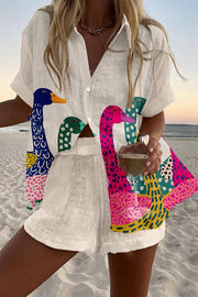 Colorful Duck Print Loose Button Elastic Waist Shorts Set