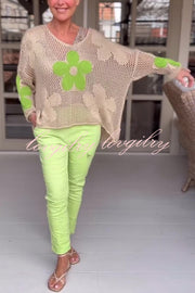 Embroidered Flower Hollow Holiday Knit Top