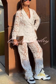 Fashionable Lace Long-sleeved Lapel Loose Top and Casual Hollow Pants Set