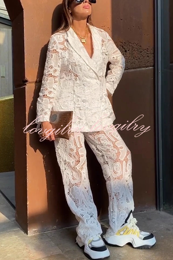 Fashionable Lace Long-sleeved Lapel Loose Top and Casual Hollow Pants Set