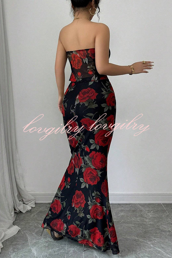 Floral Print Sexy Bandeau Lace-up Top and Slim Mesh Stretch Maxi Skirt Set