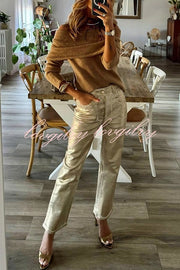 Infinite Ideas Retro Metallic Fabric High Waist Pocketed Straight Pants