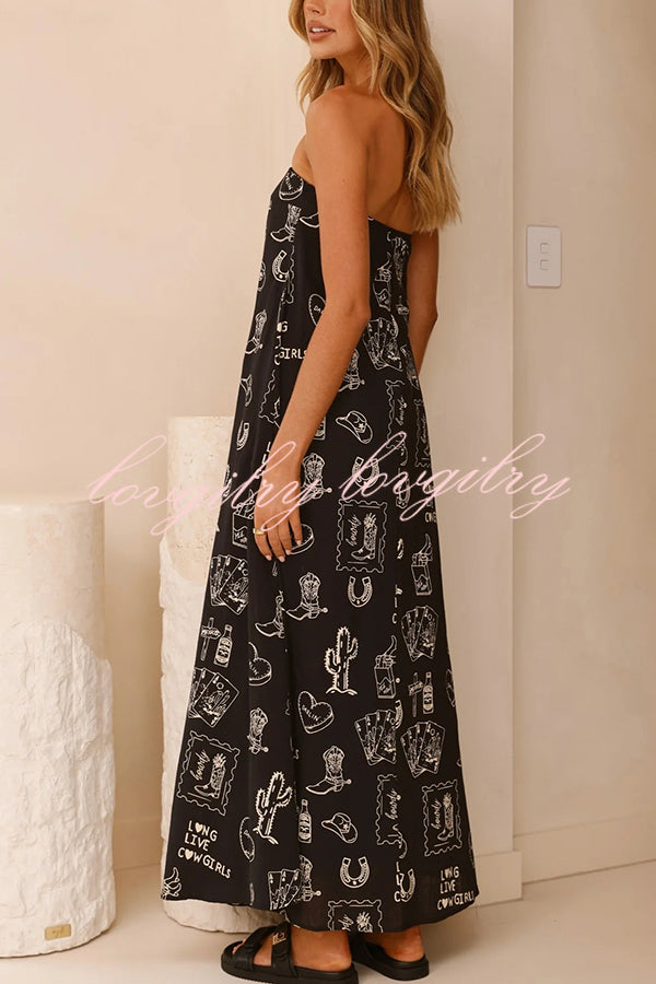 Unique Print Strapless Open Back Full Hem Maxi Dress