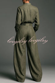 Linen Blend Lapel Long-sleeved Casual Shirt and High-waist Pocket Loose Wide-leg Pants Set