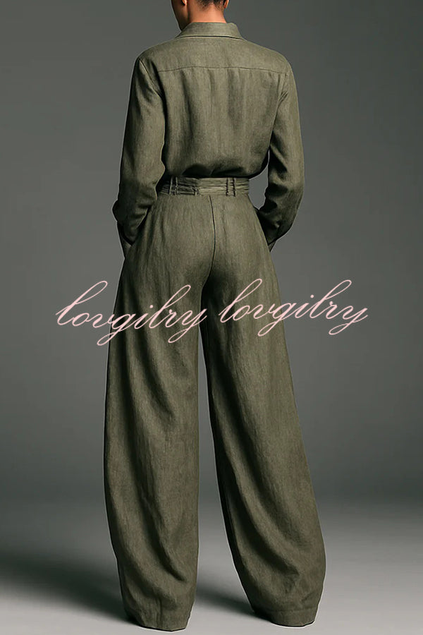 Linen Blend Lapel Long-sleeved Casual Shirt and High-waist Pocket Loose Wide-leg Pants Set