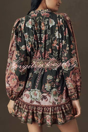 Brazilian Style Unique Floral Print Puff Sleeve Belted Pleated Hem Mini Dress