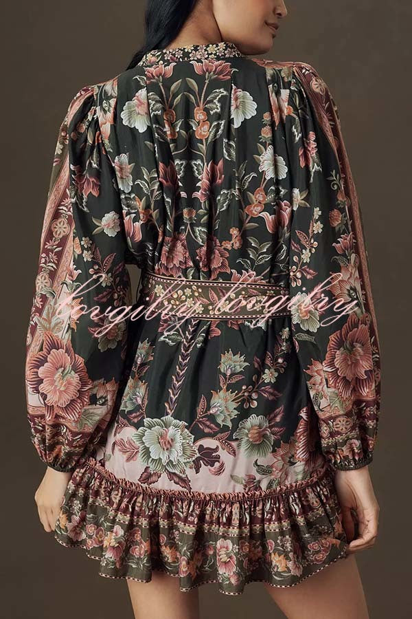 Brazilian Style Unique Floral Print Puff Sleeve Belted Pleated Hem Mini Dress