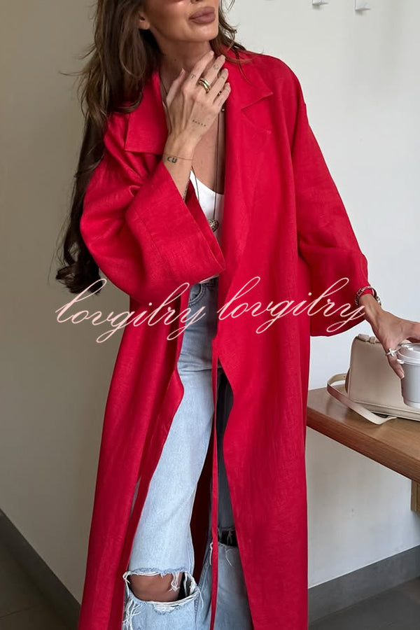 Linen Blend Solid Color Casual Lapel Tie Loose Maxi Dress