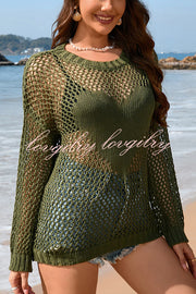 Solid Color Round Neck Long Sleeve Heart Knitted Beach Cover Up