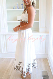 Perfect Vacation Embroidered Trim Crop Tank and Elastic Waist A-line Maxi Skirt Set