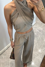 Noellie Cross Halter Neck Smocked Tank and Elastic Waist Pocketed Wide Leg Pants Set