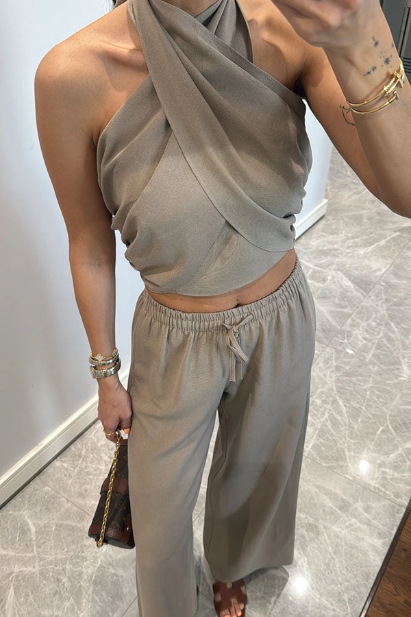 Noellie Cross Halter Neck Smocked Tank and Elastic Waist Pocketed Wide Leg Pants Set