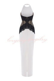Sexy Halterneck Lace Paneled Backless Slim Maxi Dress