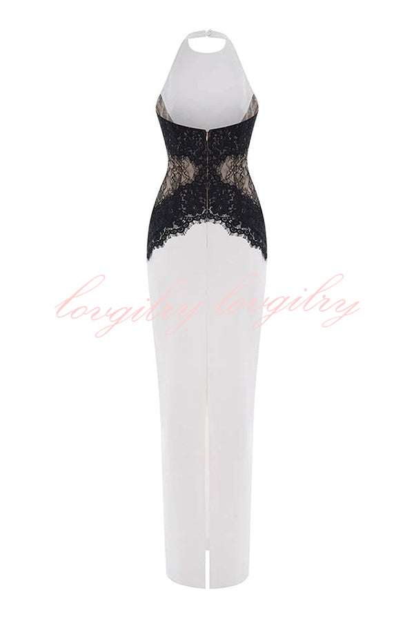 Sexy Halterneck Lace Paneled Backless Slim Maxi Dress