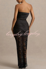 Dulcie Lace and Satin Patchwork Asymmetrical Pleats Bandeau Maxi Dress