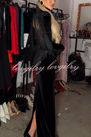 Eve Velvet Open Back Tassel Trim Long Sleeve Slit Maxi Dress