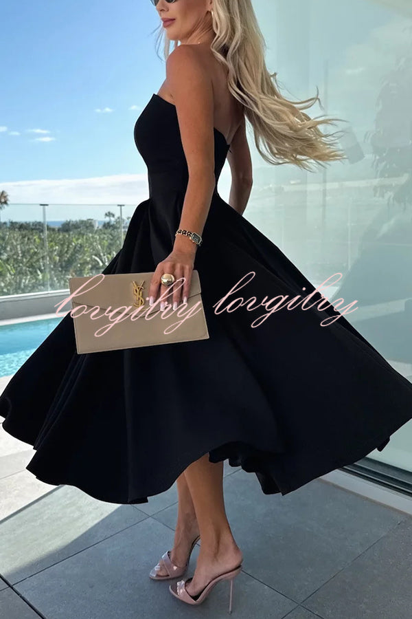 Sweet Cascade Solid Color Off Shoulder Pocket Full Hem Midi Dress