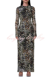 Wild As They Come Mesh Leopard Long Sleeve Stretch Maxi Dress