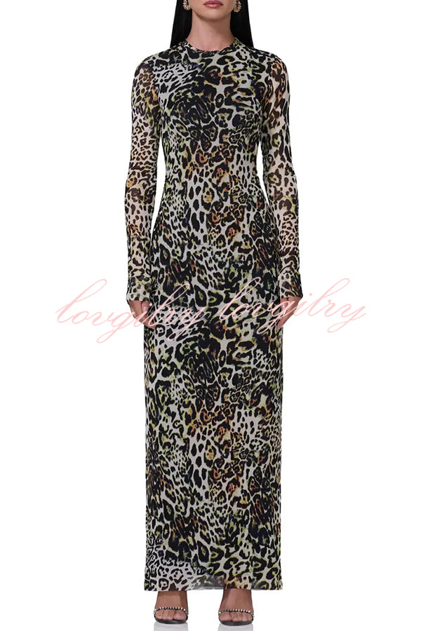 Wild As They Come Mesh Leopard Long Sleeve Stretch Maxi Dress