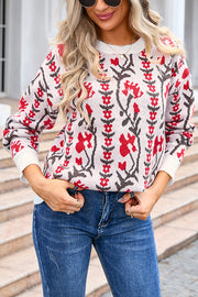 Fashionable Floral Knitted Crew Neck Casual Sweater