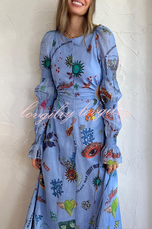 Special Holiday Linen Blend Unique Print Cut Out Puff Sleeve Lightweight Midi Dress