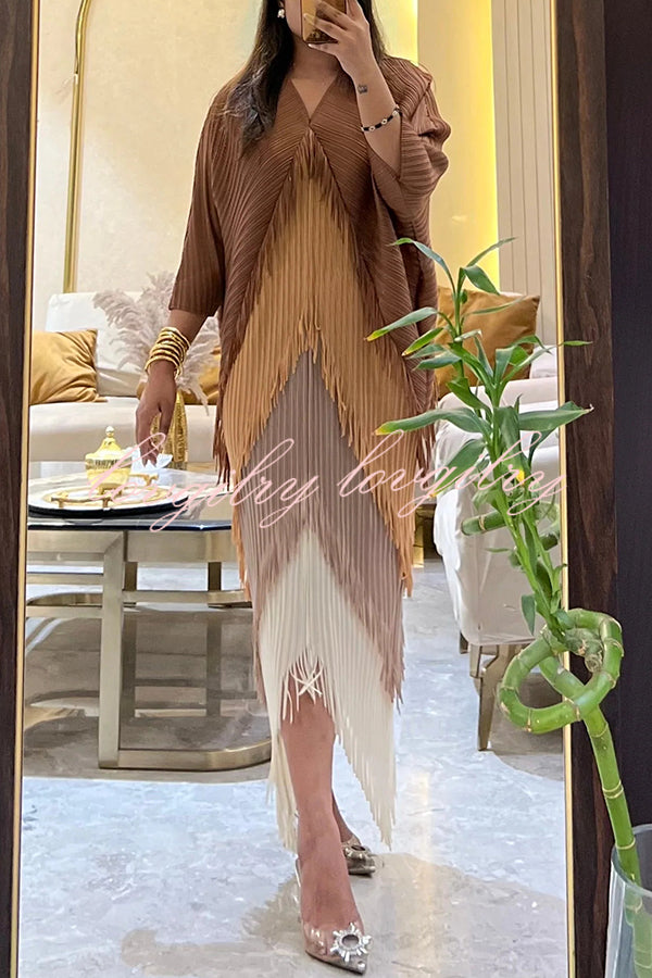Fashionable Color-blocked Multi-layered Tassel Loose Midi Dress