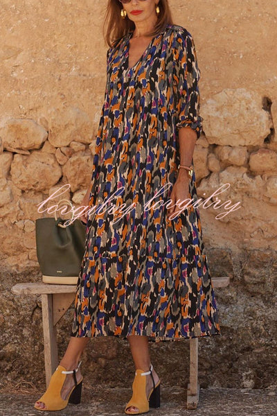 Multicolor Color Block Print V-neck Loose Resort Midi Dress