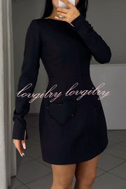 Anna Sparkling Gemstone Trim Heart Pocket Long Sleeve Mini Dress