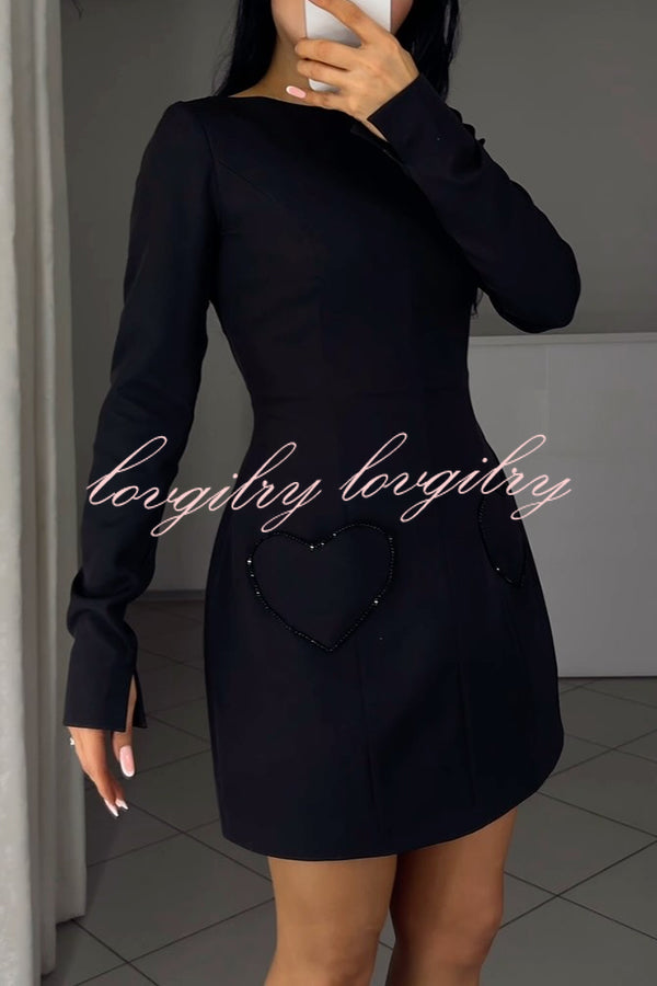 Anna Sparkling Gemstone Trim Heart Pocket Long Sleeve Mini Dress