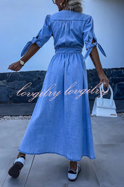 Solid Color V-neck Button-down Denim Midi Dress