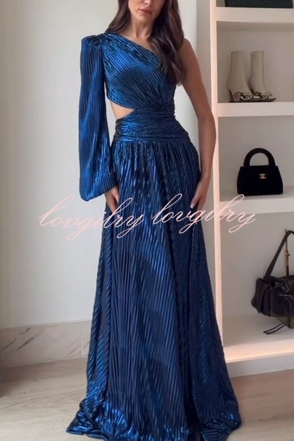 Dazzling Night Metallic Pleated One Shoulder Cutout Balloon Sleeve Gown Maxi Dress
