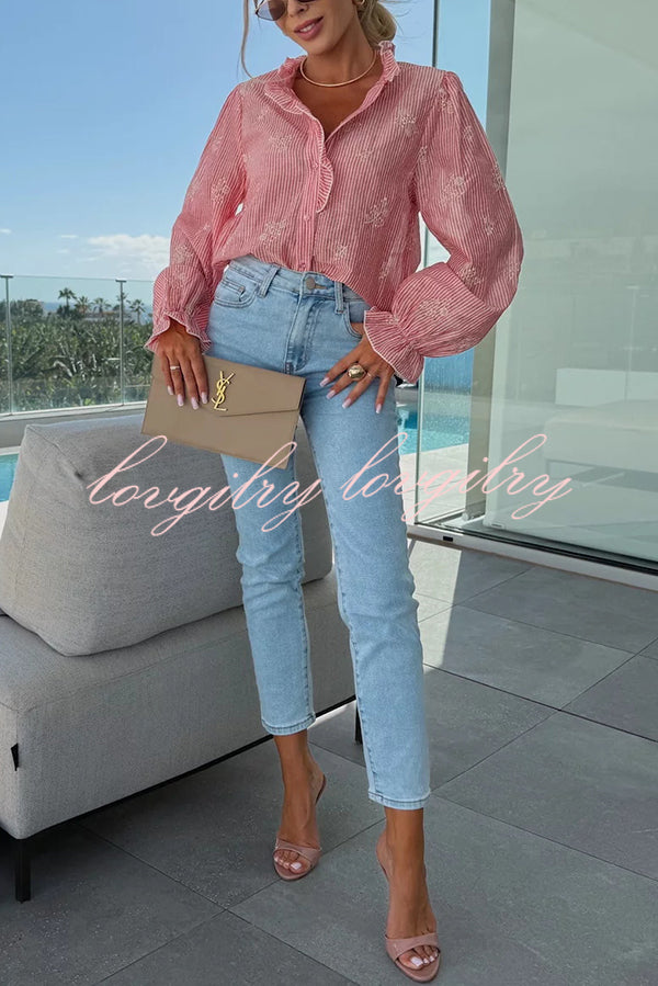 Stripe Print Plant Embroidery Long Sleeve Casual Shirt